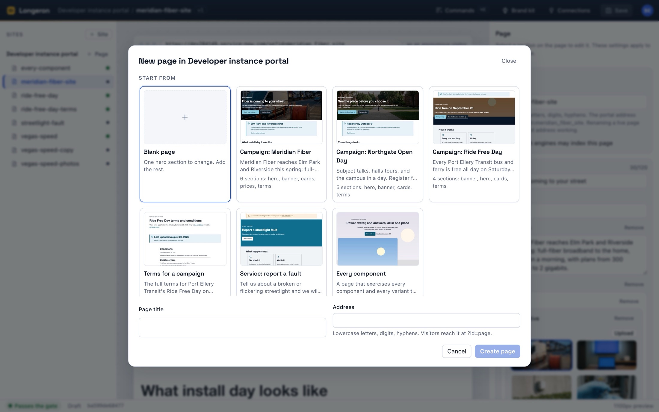 The new page dialog in the builder: seven starting points shown as pictures, from a blank page to campaign, service, and terms pages, each with a photograph of the finished page and a line about what it contains.