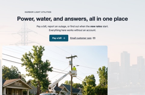 A utility company page that uses every section type: hero, banner, cards, price grid, terms.